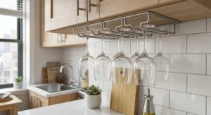 Compact stemware rack hanging all-purpose wine glasses under a cabinet in a studio apartment kitchen.