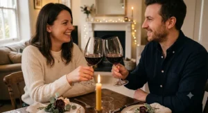 A couple making a toast with stemmed universal wine glasses while enjoying a cozy date night indoors.