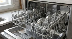 Dishwasher-safe stemless universal wine glasses neatly arranged on the top rack