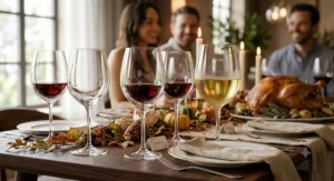 Elegant Thanksgiving dinner table setting featuring sparkling double-layered crystal wine glasses