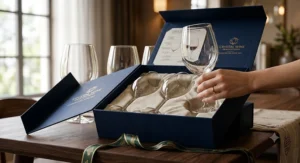 Luxury gift box set containing four double-layered crystal wine glasses ready for holiday gifting