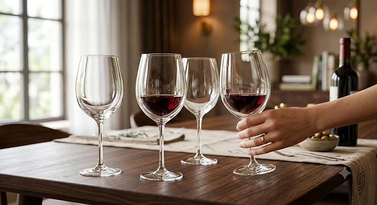 Set of double-layered crystal wine glasses displayed on a dark wood dining table