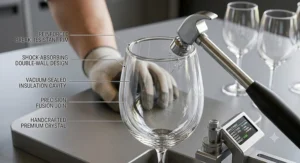 Close-up detail highlighting the break-resistant rim of a premium double-layered crystal wine glass