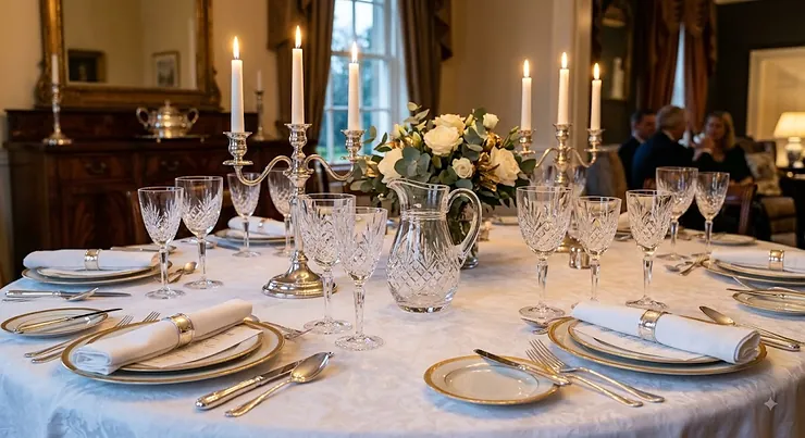 A set of elegant lead crystal wine glasses arranged on a formal dinner table with candlelight and cloth napkins.