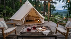 Stylish glamping setup featuring clear shatterproof stemless wine glasses on a tray outside a canvas bell tent
