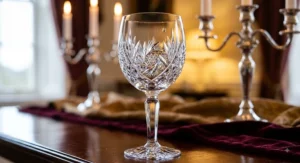 Close-up of a hand-cut lead crystal red wine goblet showcasing intricate geometric facet patterns.