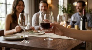 Hand holding an ergonomic stemless double-layered crystal wine glass at a dinner party