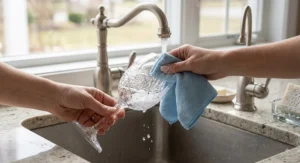 Carefully handwashing a delicate lead crystal wine glass with warm water and a soft microfiber cloth.