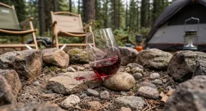Durable shatterproof stemless wine glass landing safely on rocky campsite ground without breaking