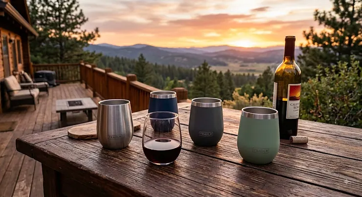 Set of stainless steel insulated stemless wine glasses for travel displayed outdoors on a wooden patio table during sunset