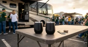 Pair of matte black insulated stemless wine glasses placed on an RV folding table at a tailgate event