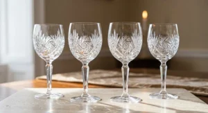 Four lead crystal white wine glasses with slender stems standing in a row against a neutral background.