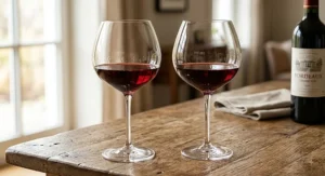 Pair of large bowl lead-free crystal Bordeaux wine glasses filled with red wine