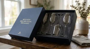 Luxury gift packaging box containing a set of four lead-free crystal wine glasses