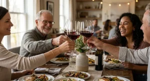 Guests holding lead-free crystal wine glasses during a dinner party toast