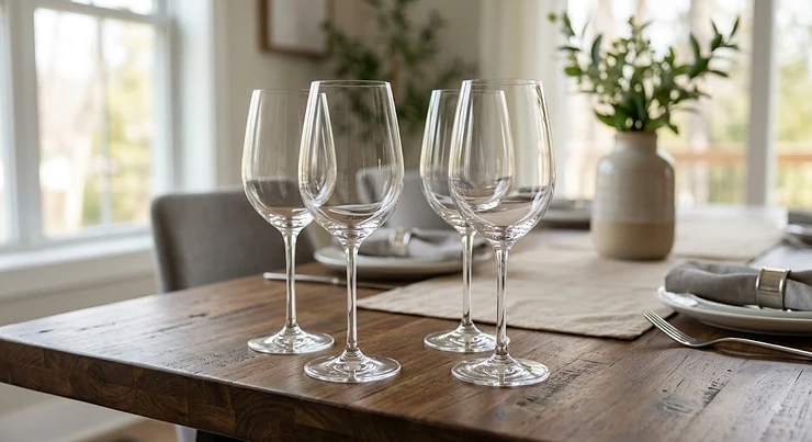 Set of clear lead-free crystal wine glasses displayed on a modern dining table