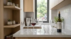 Complete collection of small footprint crystal wine glasses standing beside a wine bottle on a compact kitchen island.