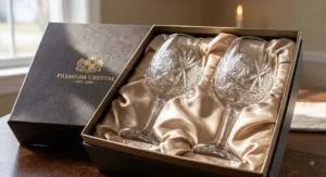 Pair of premium lead crystal wine glasses packaged in a satin-lined luxury gift box.