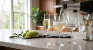 Sparkling champagne pouring into machine-made crystal wine glasses for a celebration.