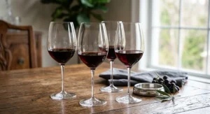 Machine-made crystal red wine glasses filled with Cabernet Sauvignon on a wooden table.