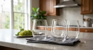 Modern machine-made crystal stemless wine glasses displayed on a kitchen counter.
