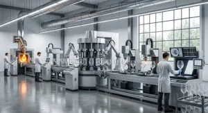 Illustration showing the precise production process of machine-made crystal wine glasses.