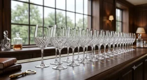 Row of polished machine-made crystal wine glasses lined up on an American bar top.