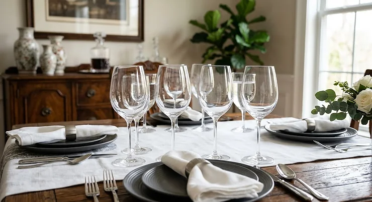 Set of four machine-made crystal wine glasses neatly arranged on a formal dining table.