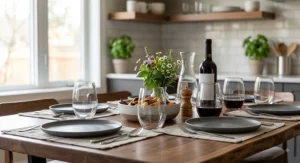 Modern American dinner table setting featuring stemless universal wine glasses
