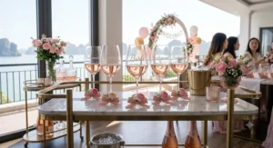 Modern tall-stemmed rosé wine glass set styled on a brass bar cart for a bridal shower drink station.