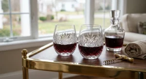 Two stemless lead crystal wine glasses filled with Pinot Noir resting on a polished brass bar cart.