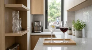 Versatile crystal wine glasses used for water and pinot noir in a minimalist urban galley kitchen layout.