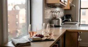 Multi-use budget rosé wine glasses standing on a narrow apartment kitchen countertop next to a fresh cheese board.