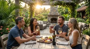 Friends enjoying outdoor patio drinks with durable stemless universal wine glasses