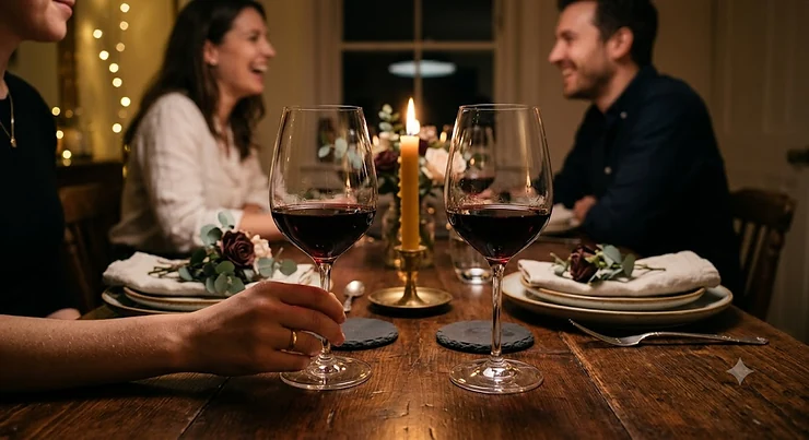 Pair of crystal stemmed universal wine glasses set on a candlelit dining table for a romantic date night at home.