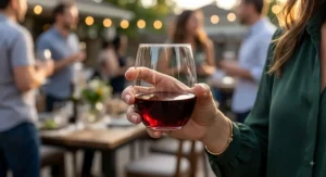 Hand holding a stemless universal wine glass filled with cabernet at a social gathering