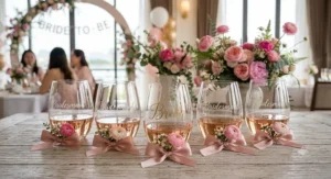 Personalized rosé wine glass set custom engraved with Bride and Bridesmaid titles for a bridal shower celebration.