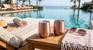 Two metallic rose gold insulated stemless wine glasses resting by a resort pool on a sunny summer day