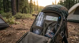 Lightweight shatterproof stemless wine glasses stacked neatly inside a camping gear backpack