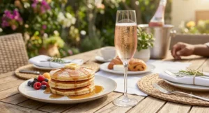 A freshly poured sparkling rosé glass paired with a stack of syrup-drizzled pancakes.