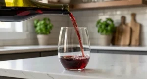 Pouring red Pinot Noir wine into an elegant stemless universal wine glass
