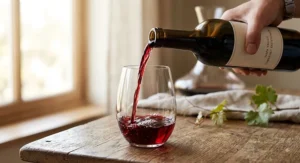 Pouring Cabernet Sauvignon red wine into a stemless lead-free crystal wine glass