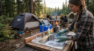 Camper washing reusable shatterproof stemless wine glasses at an outdoor camp wash station