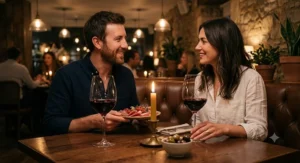 Couple enjoying a romantic restaurant date night with red wine served in stemmed universal wine glasses.