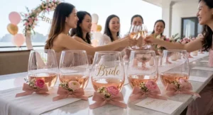 Rose gold rimmed rosé wine glass set filled with chilled sparkling rosé for a bridal shower toast.