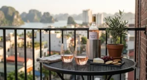 Shatterproof budget rosé wine glasses placed on an outdoor patio side table suited for small space entertaining.