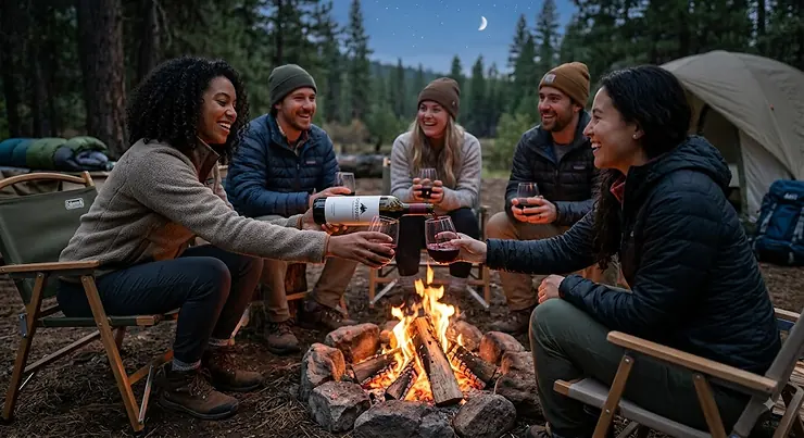 Friends sharing red wine in shatterproof stemless wine glasses around a cozy campsite campfire shatterproof stemless wine glasses for camping