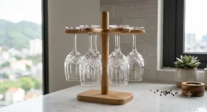 Four premium crystal red and white wine glasses displayed on a compact wooden tabletop stemware holder.