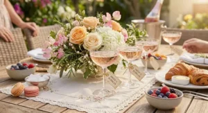 Vintage style coupe glasses with sparkling rosé served at a festive bridal brunch.