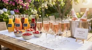 Elegant flute glasses filled with sparkling rosé set up at a DIY brunch mimosa bar.